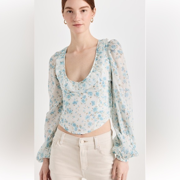[Free People] Another Life Cotton Ditsy Floral Ruffle Tie Neck Smocked Back Top - Picture 1 of 12